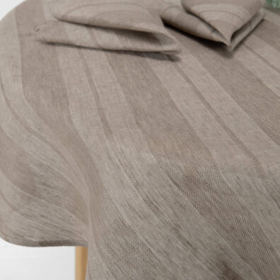 Runde (ovale) Leinen Tischdecke beige gestreift, Streifen in Leinwandbindung und in feinem Muster
