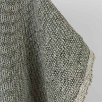 Leinenstoff grünlich-schwarz gemustert gewaschen, zum Nähen von Kleidung und Heimtextilien geeignet