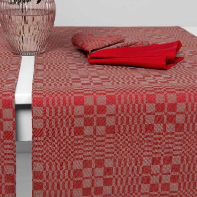 WILLOW Halbleinen Tischläufer rot-grau kariert, in Köperbindung gewebt