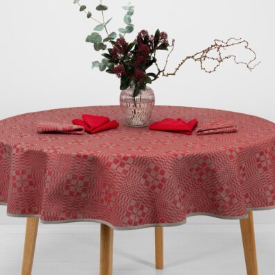WILLOW runde (ovale) Halbleinen-Tischdecke rot-grau kariert
