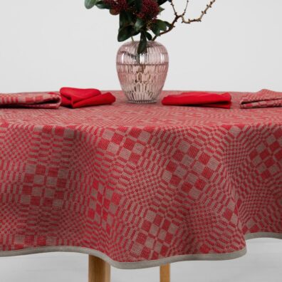 WILLOW runde (ovale) Halbleinen-Tischdecke rot-grau kariert und passende uni rote Servietten