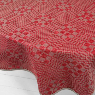 WILLOW runde (ovale) Halbleinen-Tischdecke rot-grau kariert, in Köperbindung gewebt