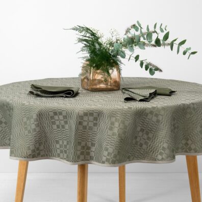 WILLOW runde (ovale) Halbleinen-Tischdecke moosgrün-grau kariert