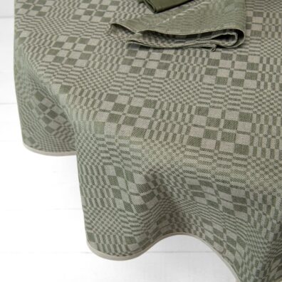 WILLOW runde (ovale) Halbleinen-Tischdecke moosgrün-grau kariert, in Köperbindung gewebt