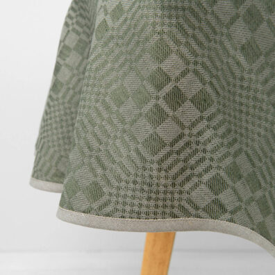 WILLOW runde (ovale) Halbleinen-Tischdecke moosgrün-grau kariert mit grau melierter Paspel rundum