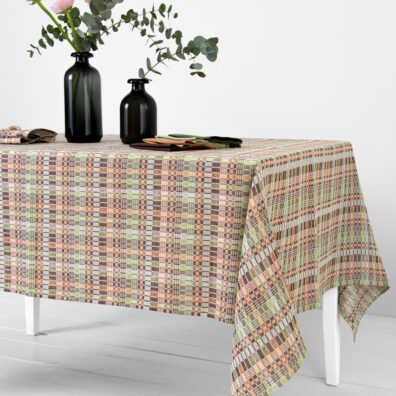 Tischdecke aus Leinen und Baumwolle braun-grün kariert