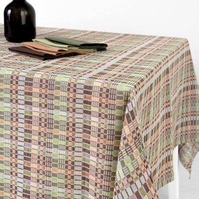 Tischdecke aus Leinen und Baumwolle braun-grün kariert, Dobby-Webart