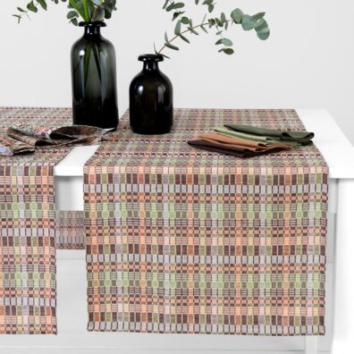 VIOLA Tischläufer braun grün, Tischläufer aus halbem Leinen mit braun-grünem Karomuster