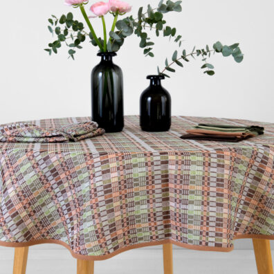 Runde ovale Halbleinen-Tischdecke braun kariert, 3 Größen